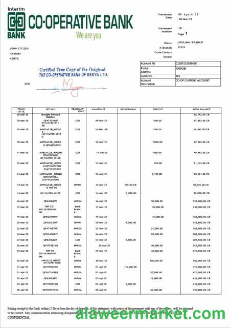 Kenya Co-operative Bank statement Word and PDF template